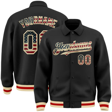 Custom Black Vintage USA Flag Cream-Red Bomber Full-Snap Varsity Letterman Lapel Collar Byron Jacket