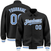 Load image into Gallery viewer, Custom Black Light Blue-White Bomber Full-Snap Varsity Letterman Lapel Collar Byron Jacket
