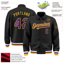 Load image into Gallery viewer, Custom Black Purple-Gold Bomber Full-Snap Varsity Letterman Lapel Collar Byron Jacket
