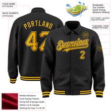 Load image into Gallery viewer, Custom Black Gold Bomber Full-Snap Varsity Letterman Lapel Collar Byron Jacket
