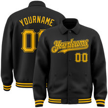 Load image into Gallery viewer, Custom Black Gold Bomber Full-Snap Varsity Letterman Lapel Collar Byron Jacket
