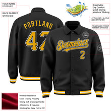 Load image into Gallery viewer, Custom Black Gold-White Bomber Full-Snap Varsity Letterman Lapel Collar Byron Jacket
