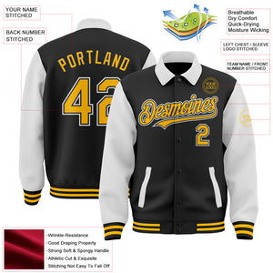 Custom Black Gold-White Bomber Full-Snap Varsity Letterman Two Tone Lapel Collar Byron Jacket