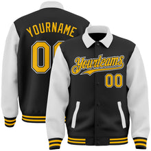 Load image into Gallery viewer, Custom Black Gold-White Bomber Full-Snap Varsity Letterman Two Tone Lapel Collar Byron Jacket
