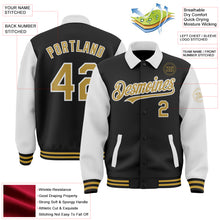 Load image into Gallery viewer, Custom Black Old Gold-White Bomber Full-Snap Varsity Letterman Two Tone Lapel Collar Byron Jacket
