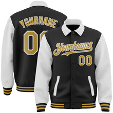 Load image into Gallery viewer, Custom Black Old Gold-White Bomber Full-Snap Varsity Letterman Two Tone Lapel Collar Byron Jacket
