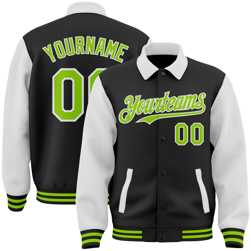 Custom Black Neon Green-White Bomber Full-Snap Varsity Letterman Two Tone Lapel Collar Byron Jacket