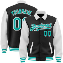 Load image into Gallery viewer, Custom Black Aqua-White Bomber Full-Snap Varsity Letterman Two Tone Lapel Collar Byron Jacket
