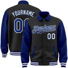 Load image into Gallery viewer, Custom Black Royal-White Bomber Full-Snap Varsity Letterman Two Tone Lapel Collar Byron Jacket
