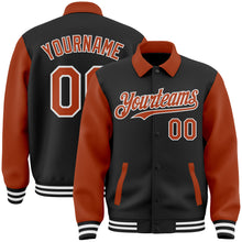 Load image into Gallery viewer, Custom Black Texas Orange-White Bomber Full-Snap Varsity Letterman Two Tone Lapel Collar Byron Jacket
