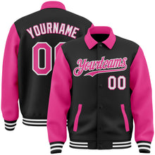 Load image into Gallery viewer, Custom Black Pink-White Bomber Full-Snap Varsity Letterman Two Tone Lapel Collar Byron Jacket
