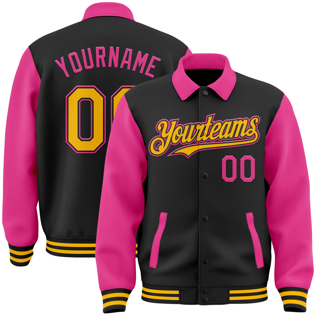 Custom Black Gold-Pink Bomber Full-Snap Varsity Letterman Two Tone Lapel Collar Byron Jacket