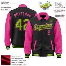 Load image into Gallery viewer, Custom Black Neon Green-Pink Bomber Full-Snap Varsity Letterman Two Tone Lapel Collar Byron Jacket
