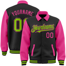 Load image into Gallery viewer, Custom Black Neon Green-Pink Bomber Full-Snap Varsity Letterman Two Tone Lapel Collar Byron Jacket
