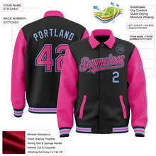 Load image into Gallery viewer, Custom Black Pink-Light Blue Bomber Full-Snap Varsity Letterman Two Tone Lapel Collar Byron Jacket
