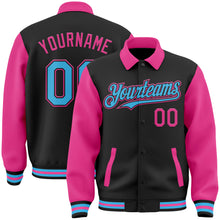 Load image into Gallery viewer, Custom Black Sky Blue-Pink Bomber Full-Snap Varsity Letterman Two Tone Lapel Collar Byron Jacket
