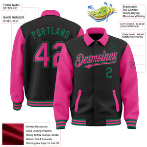 Custom Black Pink-Kelly Green Bomber Full-Snap Varsity Letterman Two Tone Lapel Collar Byron Jacket