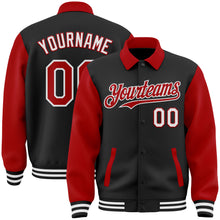 Load image into Gallery viewer, Custom Black Red-White Bomber Full-Snap Varsity Letterman Two Tone Lapel Collar Byron Jacket
