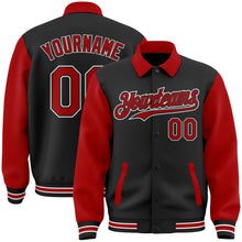 Load image into Gallery viewer, Custom Black Red-White Bomber Full-Snap Varsity Letterman Two Tone Lapel Collar Byron Jacket
