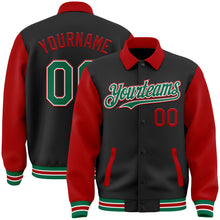 Load image into Gallery viewer, Custom Black Kelly Green-Red Bomber Full-Snap Varsity Letterman Two Tone Lapel Collar Byron Jacket
