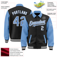 Load image into Gallery viewer, Custom Black Light Blue-White Bomber Full-Snap Varsity Letterman Two Tone Lapel Collar Byron Jacket
