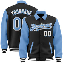 Load image into Gallery viewer, Custom Black Light Blue-White Bomber Full-Snap Varsity Letterman Two Tone Lapel Collar Byron Jacket
