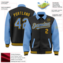 Load image into Gallery viewer, Custom Black Light Blue-Gold Bomber Full-Snap Varsity Letterman Two Tone Lapel Collar Byron Jacket
