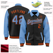 Load image into Gallery viewer, Custom Black Light Blue-Orange Bomber Full-Snap Varsity Letterman Two Tone Lapel Collar Byron Jacket
