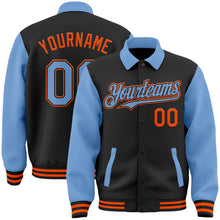 Load image into Gallery viewer, Custom Black Light Blue-Orange Bomber Full-Snap Varsity Letterman Two Tone Lapel Collar Byron Jacket
