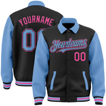 Load image into Gallery viewer, Custom Black Light Blue-Pink Bomber Full-Snap Varsity Letterman Two Tone Lapel Collar Byron Jacket
