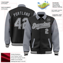 Load image into Gallery viewer, Custom Black Gray-White Bomber Full-Snap Varsity Letterman Two Tone Lapel Collar Byron Jacket
