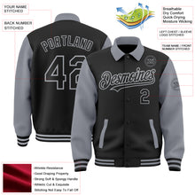 Load image into Gallery viewer, Custom Black Gray Bomber Full-Snap Varsity Letterman Two Tone Lapel Collar Byron Jacket
