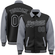 Load image into Gallery viewer, Custom Black Gray Bomber Full-Snap Varsity Letterman Two Tone Lapel Collar Byron Jacket
