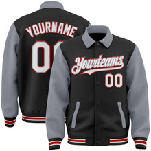 Load image into Gallery viewer, Custom Black Gray-Red Bomber Full-Snap Varsity Letterman Two Tone Lapel Collar Byron Jacket
