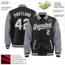 Load image into Gallery viewer, Custom Black White-Gray Bomber Full-Snap Varsity Letterman Two Tone Lapel Collar Byron Jacket
