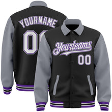 Load image into Gallery viewer, Custom Black Gray-Purple Bomber Full-Snap Varsity Letterman Two Tone Lapel Collar Byron Jacket
