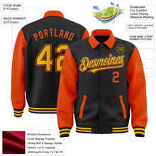 Load image into Gallery viewer, Custom Black Gold-Orange Bomber Full-Snap Varsity Letterman Two Tone Lapel Collar Byron Jacket
