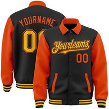 Load image into Gallery viewer, Custom Black Gold-Orange Bomber Full-Snap Varsity Letterman Two Tone Lapel Collar Byron Jacket
