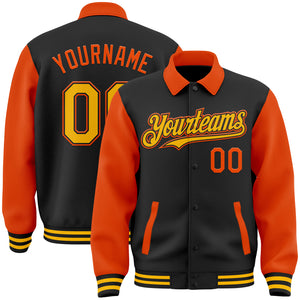 Custom Black Gold-Orange Bomber Full-Snap Varsity Letterman Two Tone Lapel Collar Byron Jacket