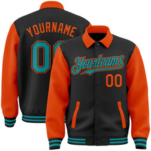 Load image into Gallery viewer, Custom Black Teal-Orange Bomber Full-Snap Varsity Letterman Two Tone Lapel Collar Byron Jacket
