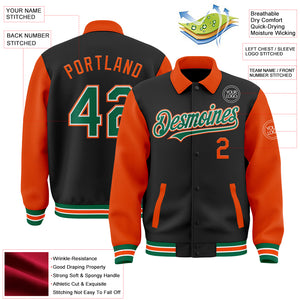 Custom Black Kelly Green-Orange Bomber Full-Snap Varsity Letterman Two Tone Lapel Collar Byron Jacket