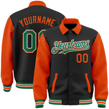 Load image into Gallery viewer, Custom Black Kelly Green-Orange Bomber Full-Snap Varsity Letterman Two Tone Lapel Collar Byron Jacket
