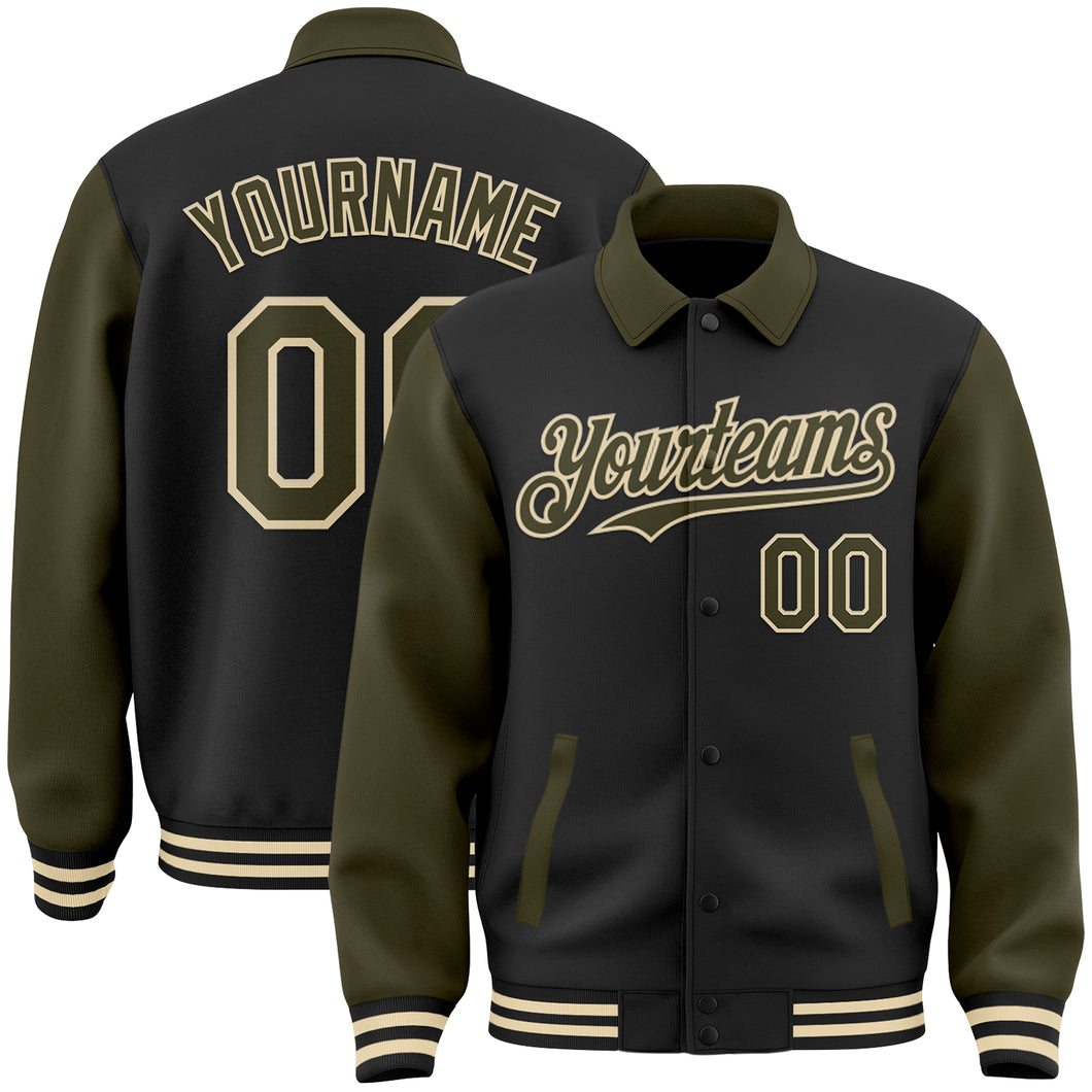 Custom Black Olive-Cream Bomber Full-Snap Varsity Letterman Two Tone Lapel Collar Byron Jacket