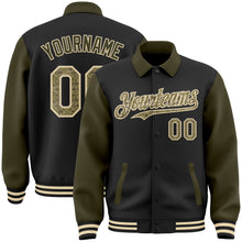 Load image into Gallery viewer, Custom Black Camo Olive-Cream Bomber Full-Snap Varsity Letterman Two Tone Lapel Collar Byron Jacket
