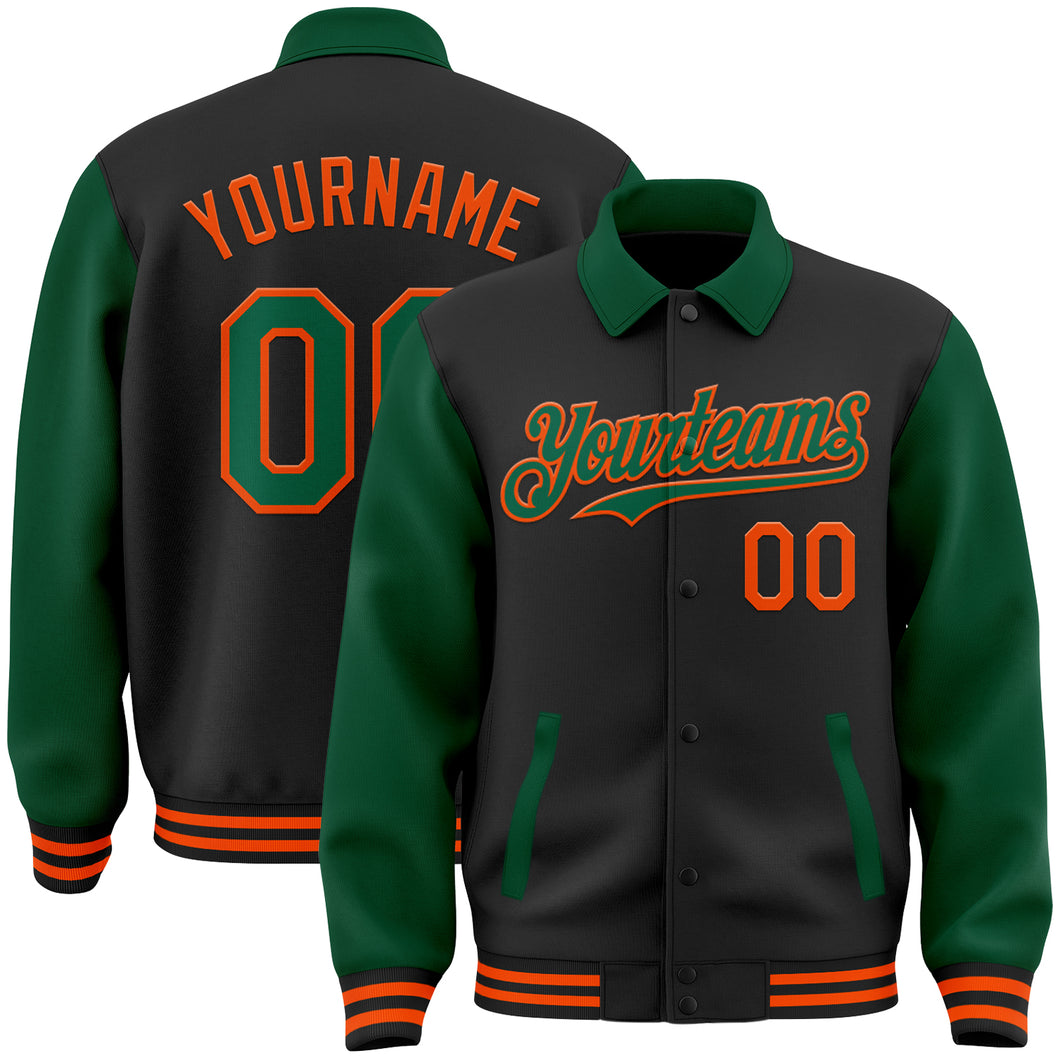 Custom Black Kelly Green-Orange Bomber Full-Snap Varsity Letterman Two Tone Lapel Collar Byron Jacket