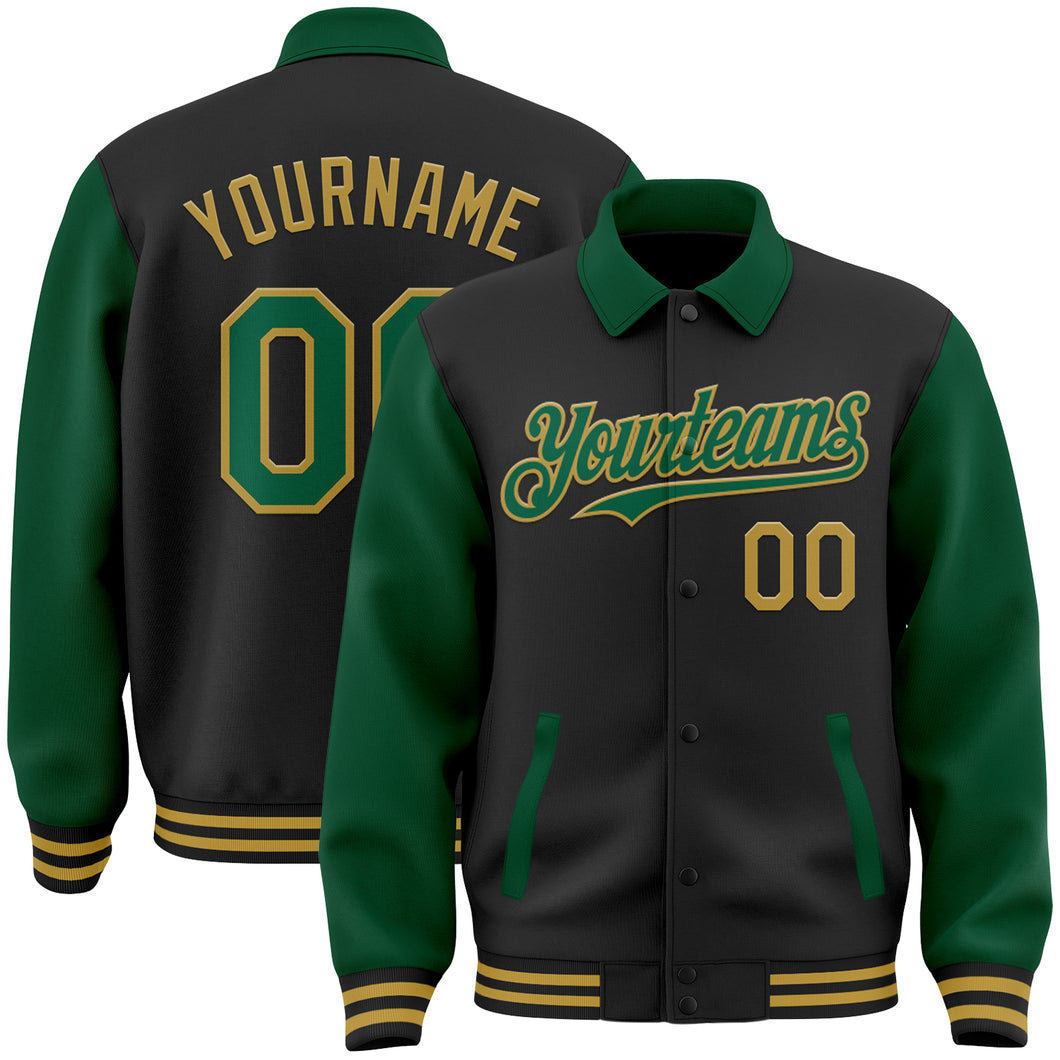 Custom Black Kelly Green-Old Gold Bomber Full-Snap Varsity Letterman Two Tone Lapel Collar Byron Jacket