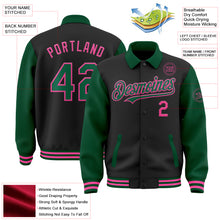 Load image into Gallery viewer, Custom Black Kelly Green-Pink Bomber Full-Snap Varsity Letterman Two Tone Lapel Collar Byron Jacket
