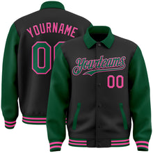 Load image into Gallery viewer, Custom Black Kelly Green-Pink Bomber Full-Snap Varsity Letterman Two Tone Lapel Collar Byron Jacket
