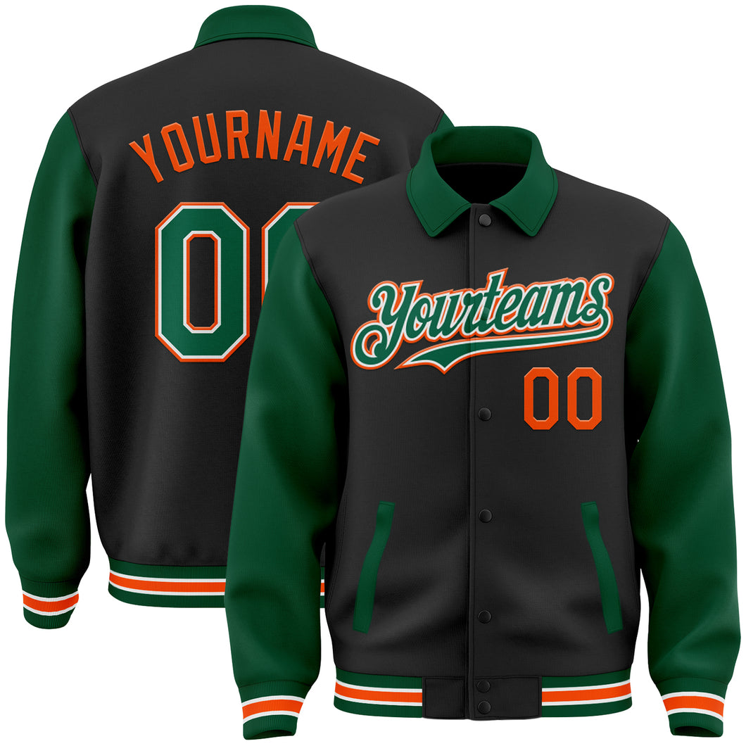 Custom Black Kelly Green-Orange Bomber Full-Snap Varsity Letterman Two Tone Lapel Collar Byron Jacket