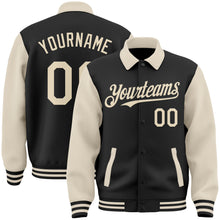 Load image into Gallery viewer, Custom Black Cream Bomber Full-Snap Varsity Letterman Two Tone Lapel Collar Byron Jacket
